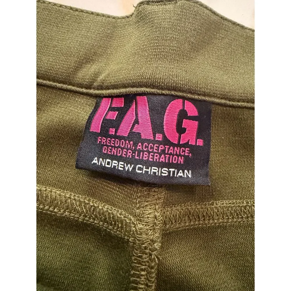 NEW Andrew Christian mens F.A.G. Capsule Zipper Shorts Color Olive Green Size 34